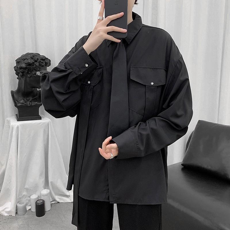Áo sơ mi dáng rộng tay dài phối 2 túi phong cách hip hop cho nam