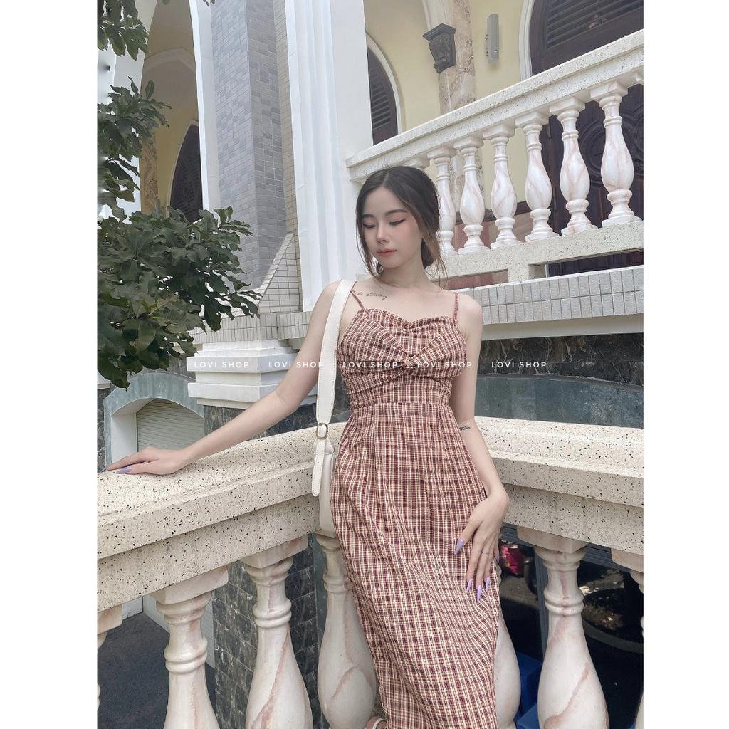 Váy Đầm hai dây caro nơ xoắn ngực suông dài (Checked dress) nhà LOVI