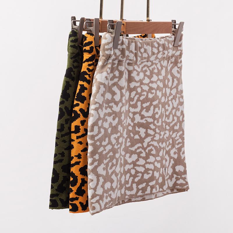 Fashion Women Knitted Mini Skirt Leopard Elastic High Waist Slit Front Slim Autumn Winter Casual Short Skirt