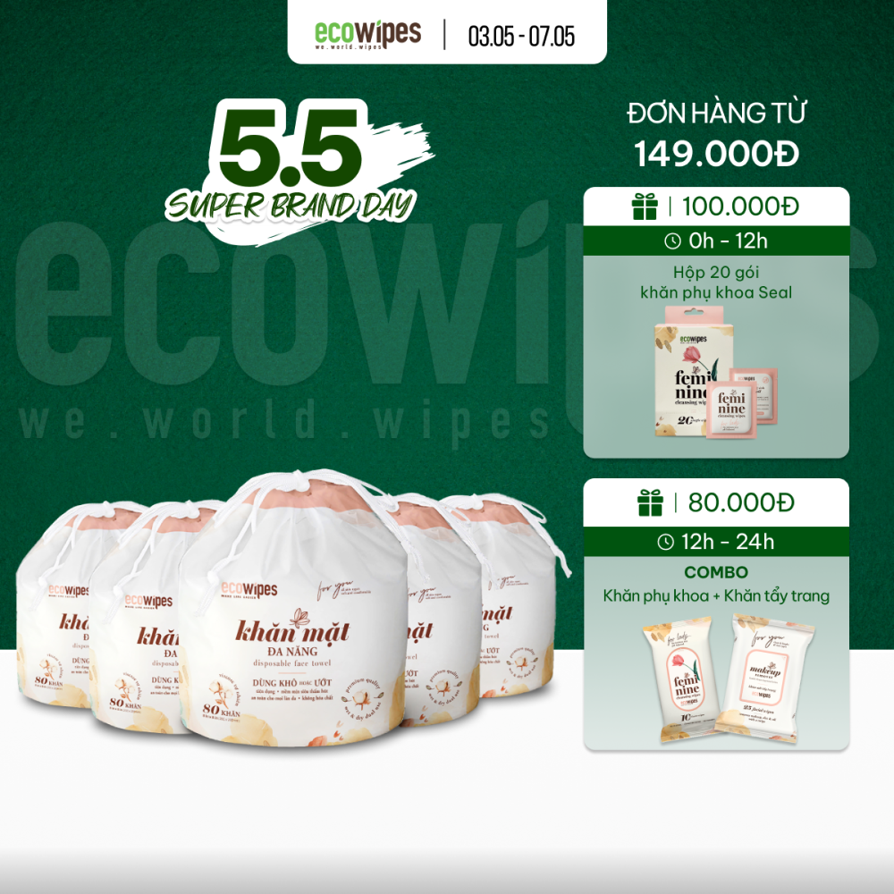 Combo 05 túi khăn mặt khô đa năng Ecowipes cuộn 80 tờ size khăn 20x20cm dùng 1 lần lau khô lau ướt giấy lau mặt dùng một lần