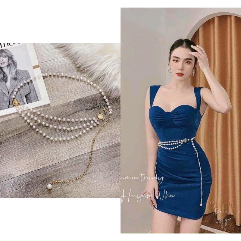 Dây nịt nữ xích ngọc Freesize móc cài tuỳ chỉnh Chất kim loại