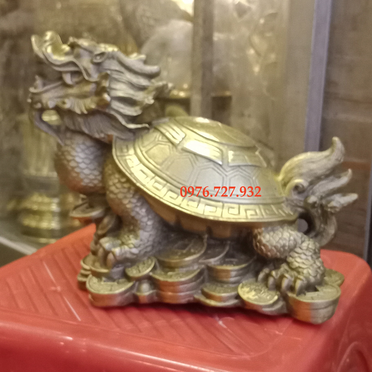 Long quy bằng đồng dài 18cm, rùa đầu rồng trên lưng bát quái, long quy phong thủy bằng đồng, vật phẩm phong thủy