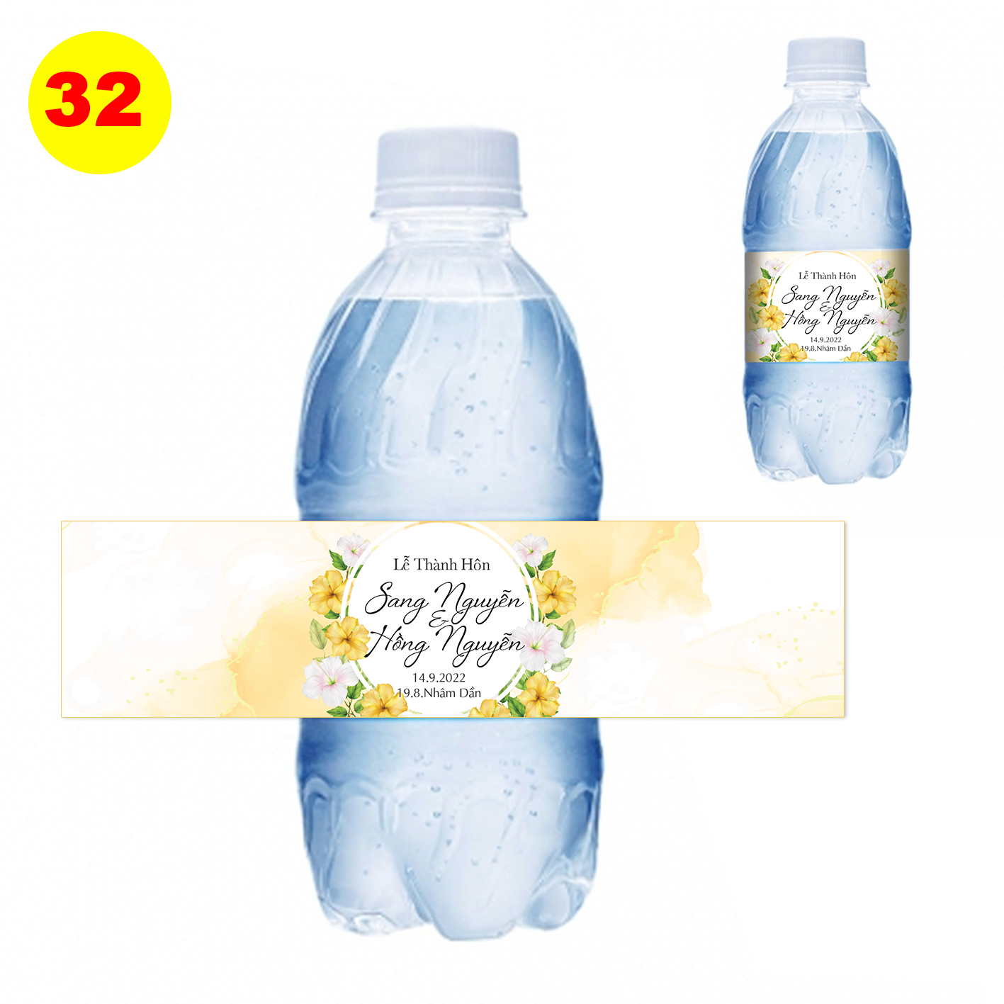 Decal nhãn dán chai nước đám cưới - chai tròn MS 32