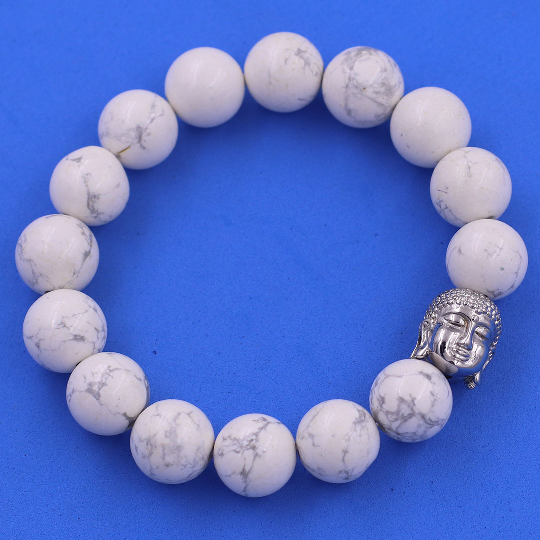 Vòng chuỗi đeo tay đá howlite 12 ly charm đầu Phật Như lai inox, Như lai Phật tổ, vòng chuỗi phong thủy, A DI ĐÀ
