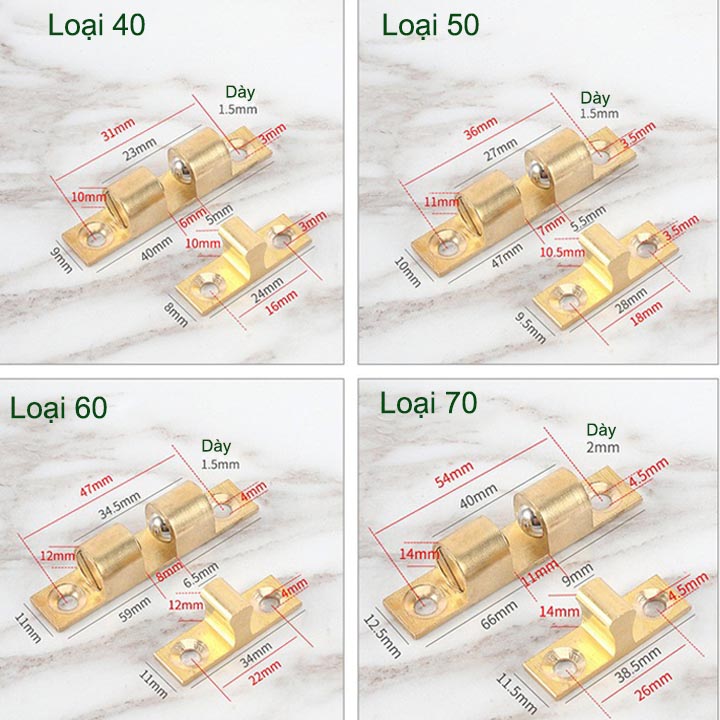 01 Chốt bi giữ cánh tủ bằng hợp kim đồng, có điều chỉnh độ chặt, có nhiều cỡ cho khách lựa chọn