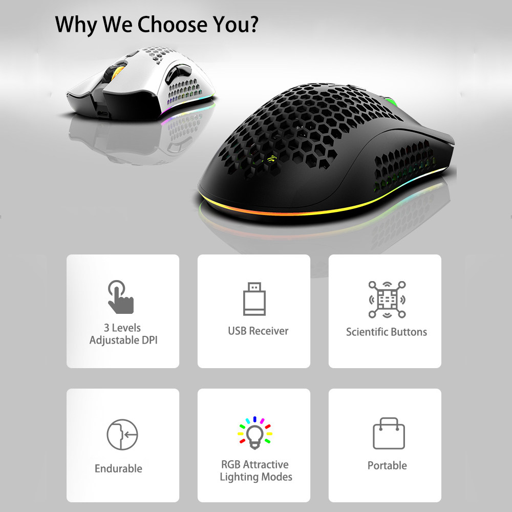 Chuột Không Dây Đầu Thu USB RGb 3 Mức DPI Với Con Lăn 2 Ngón Tay Cái