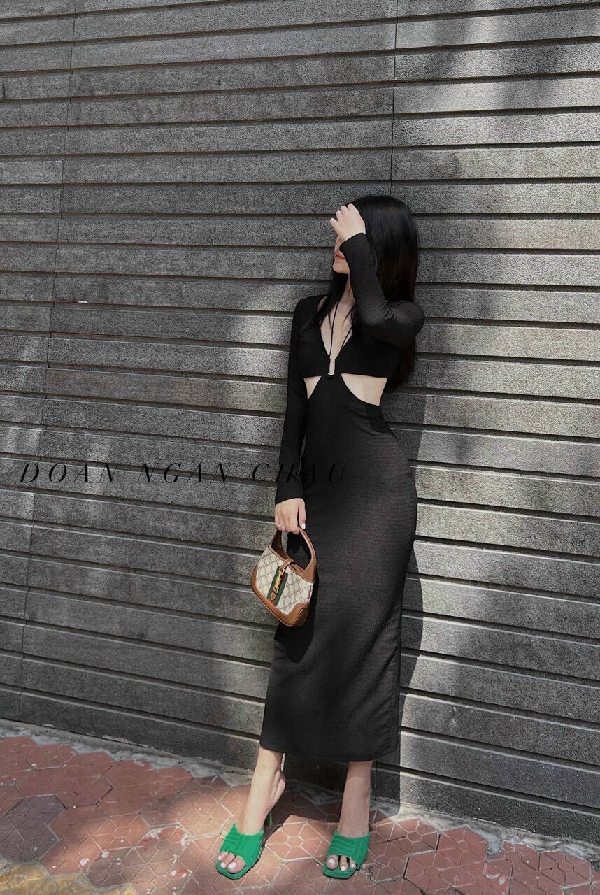 ĐẦM ĐEN MIDI DÀI THUN ÔM BODY SUÔNG TRƠN DÂY CỔ V YẾM DẠO PHỐ DỰ TIỆC ĐI BIỂN