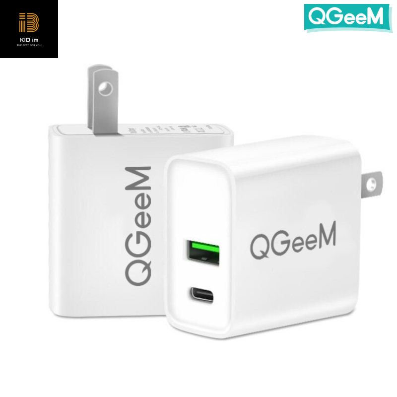 Củ sạc QGeeM 18W 2 cổng USB + Type-C hỗ trợ PD QC 3.0 cho iPad Pro, iPhone 8 Plus/11/11 Pro/XS/XS Max/XR/X, Samsung Galaxy S10/S9, Note, máy tính bảng-Hàng Chính Hãng