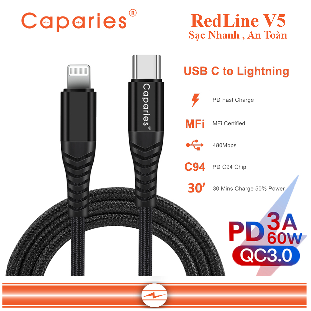 Dây Cáp Sạc 60W Type C To Lightning Chuẩn MFi Cho iPhone Caparies Redline V5 - Hàng Chính Hãng