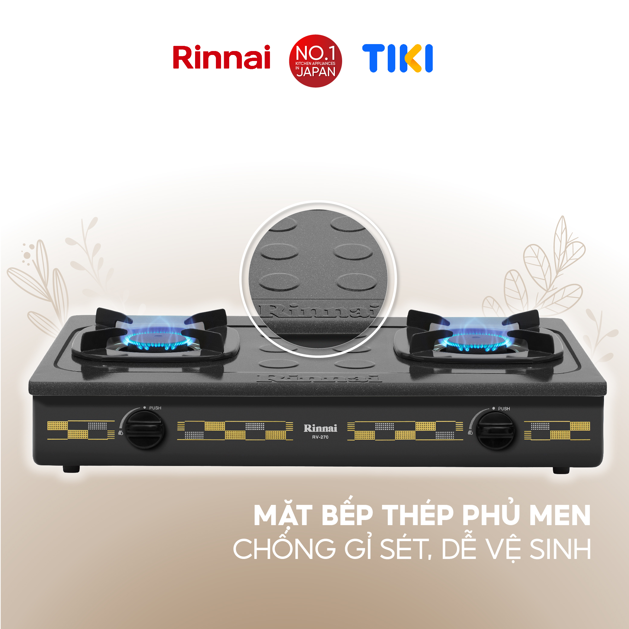 Bếp gas dương Rinnai RV-270(G)N mặt bếp men và kiềng bếp men - Hàng chính hãng