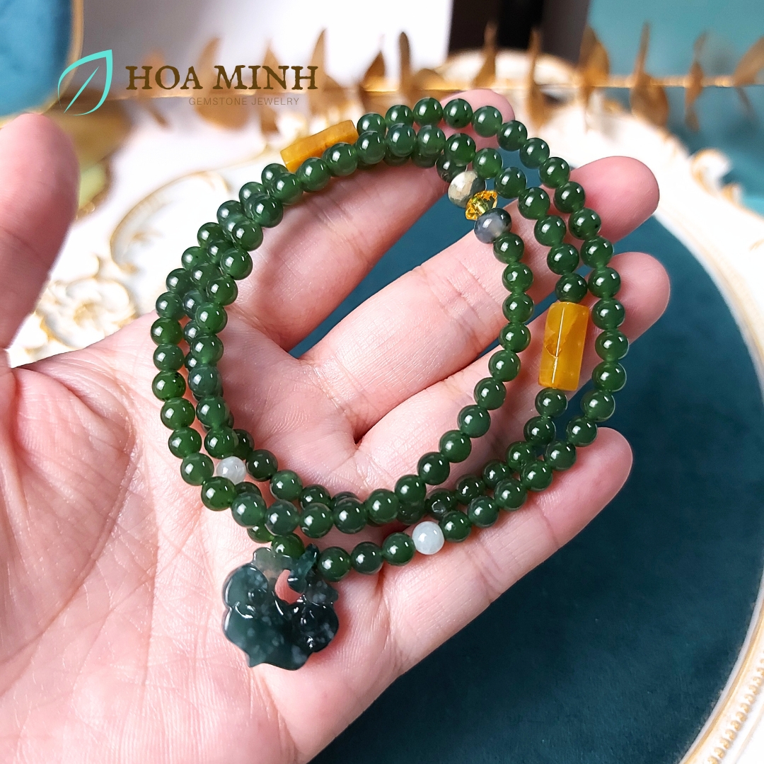 Vòng chuỗi 108 hạt Ngọc Bích Nephrite size 5 li phối Charm Khoá Trường Mệnh Lam Ngọc phong thủy bình an, tài lộc