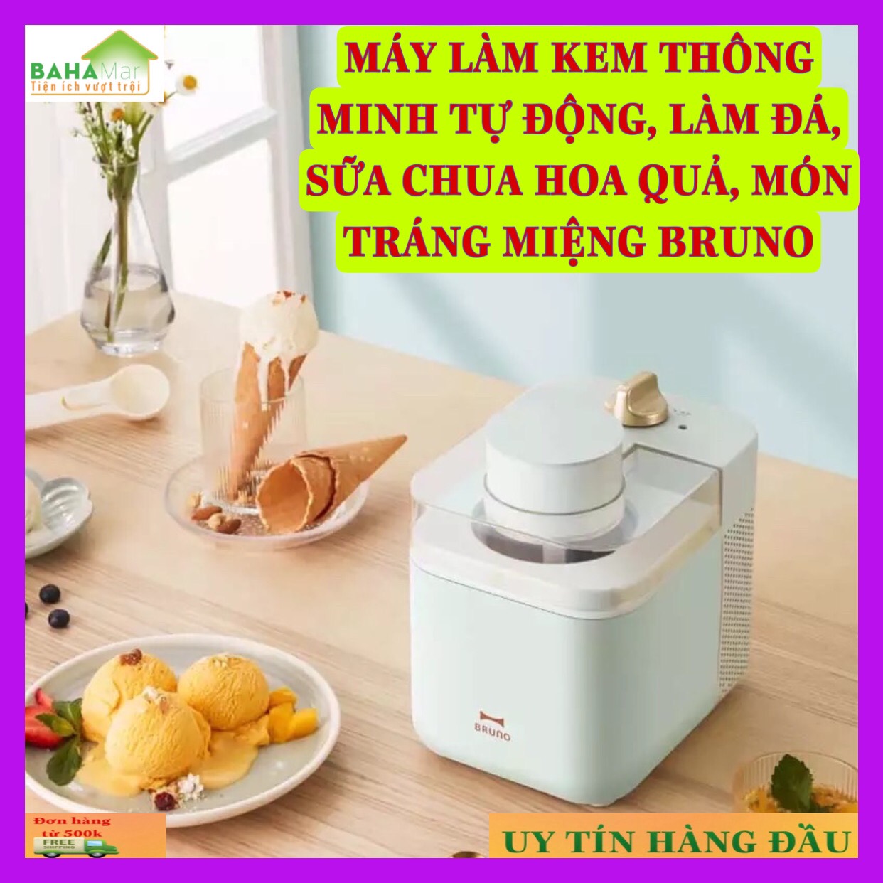 MÁY LÀM KEM THÔNG MINH TỰ ĐỘNG, LÀM ĐÁ, SỮA CHUA HOA QUẢ, MÓN TRÁNG MIỆNG BRUNO "BAHAMAR" Một nút ấn hoạt động, tiện lợi và đơn giản