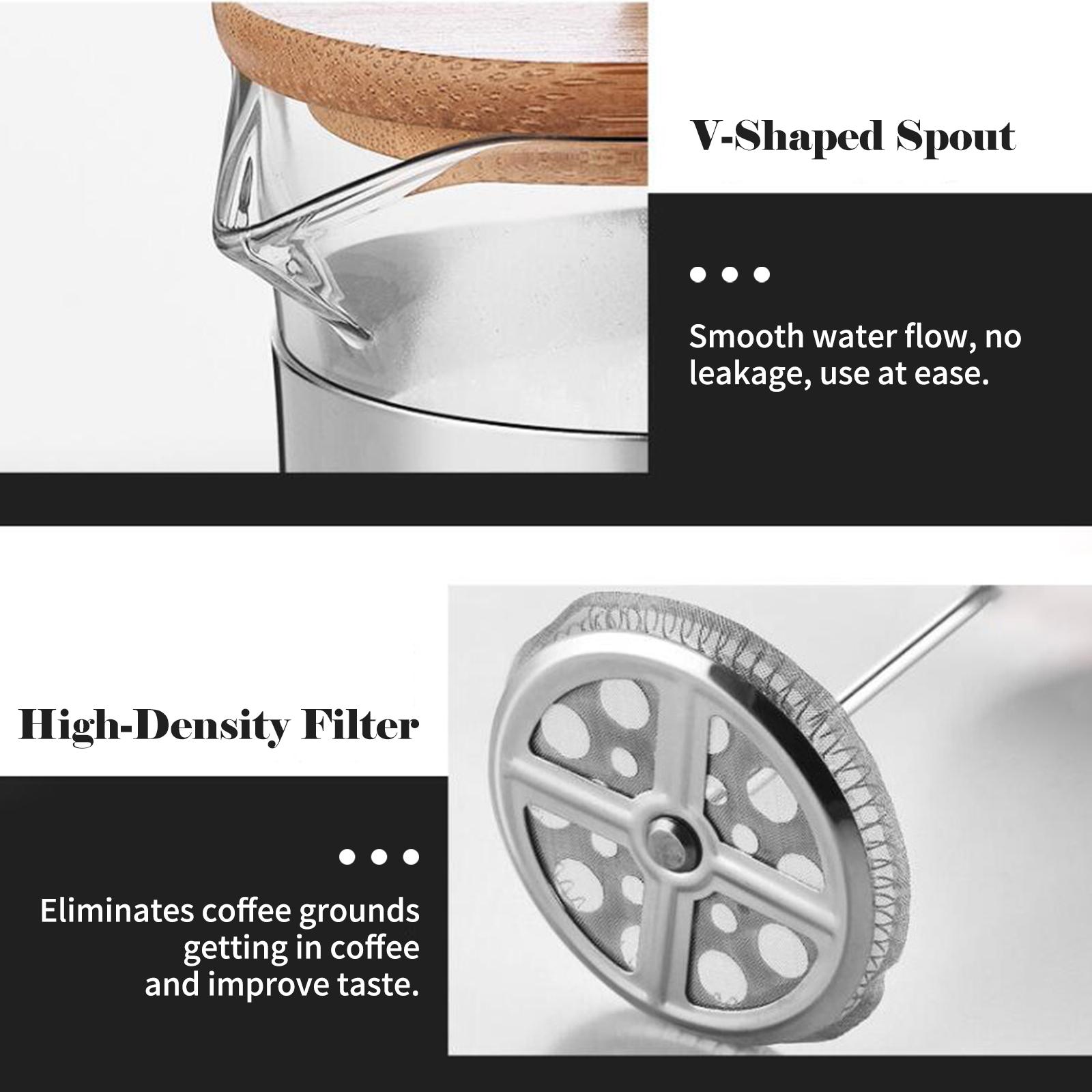 French Press Coffee Maker with Wooden Handle High-Density Filter Heat Resistant Borosilicate Glass Teapot Coffee Press