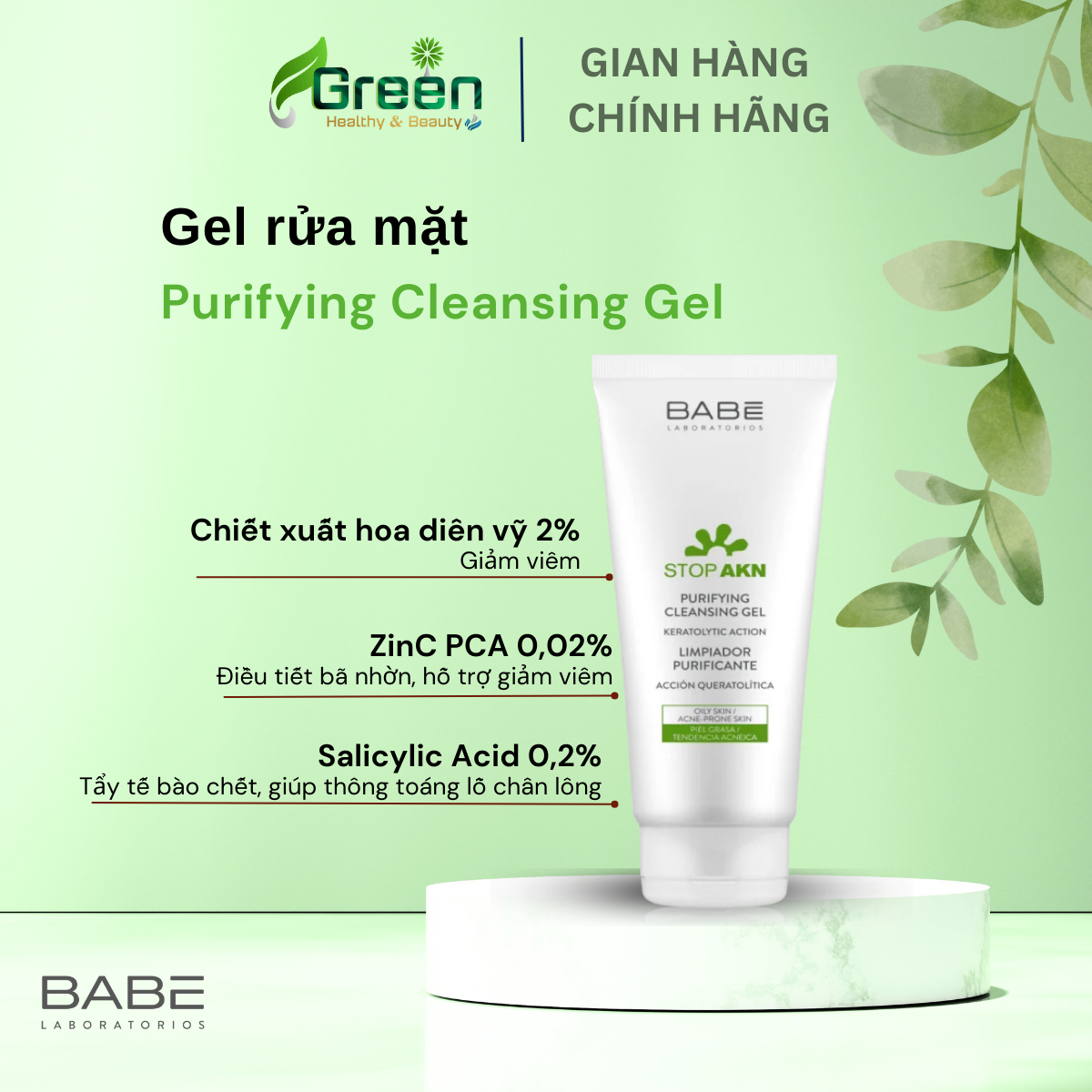 Gel rửa mặt BABE Stop AKN Purifying Cleansing Gel (200ml)