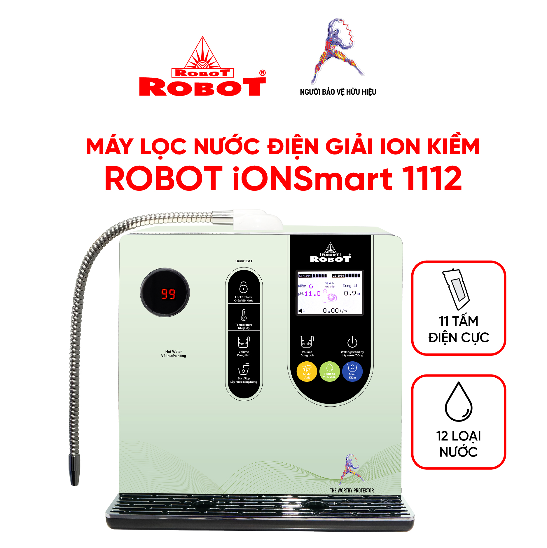 Máy Lọc Nước Điện Giải Ion Kiềm ROBOT Nóng Thông Minh IonSmart 1112 - Tạo 12 Loại Nước - Hàng Chính Hãng