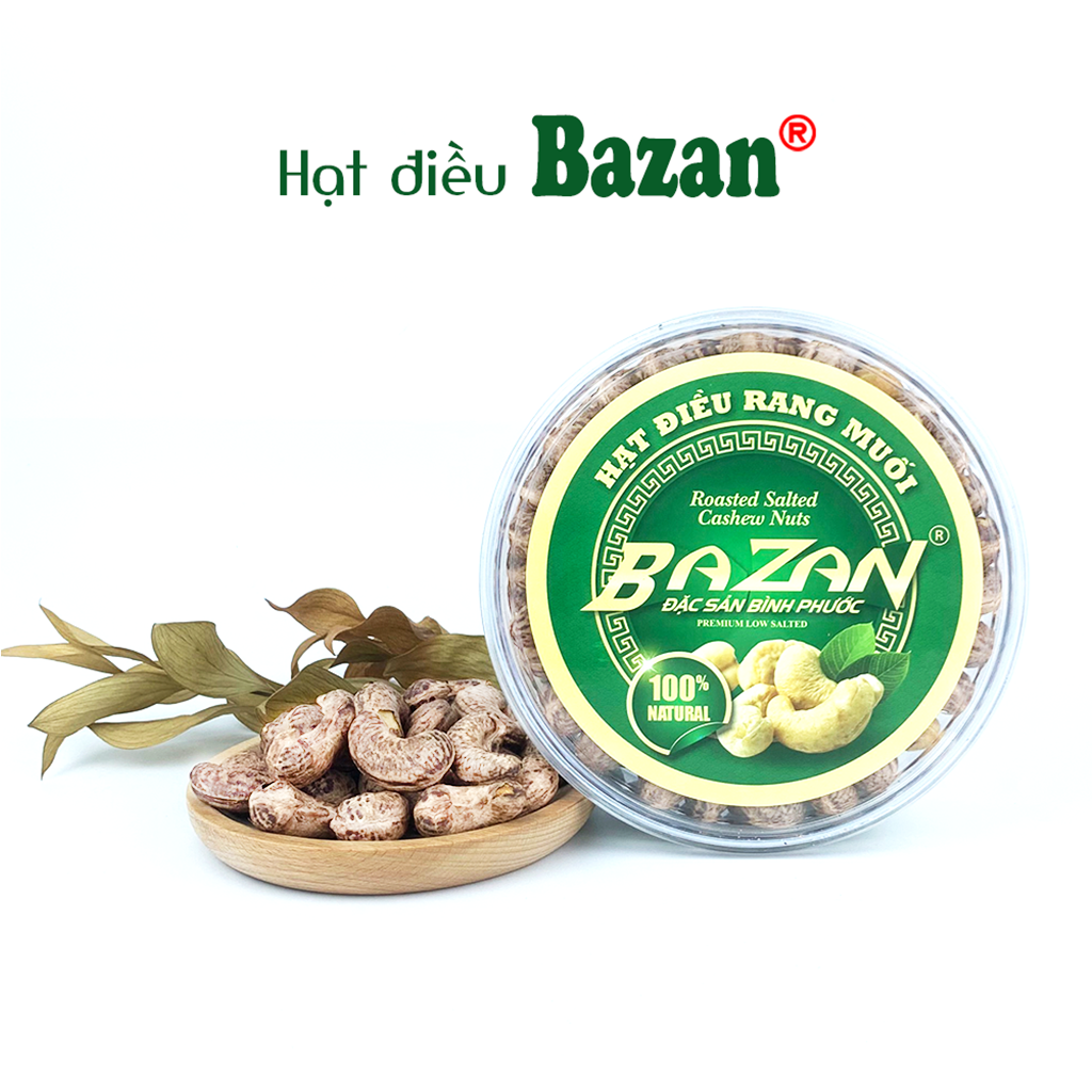 Hạt điều rang muối Bazan Bình Phước nguyên hạt dinh dưỡng A+ loại 1 hộp tròn 500g xếp hoa