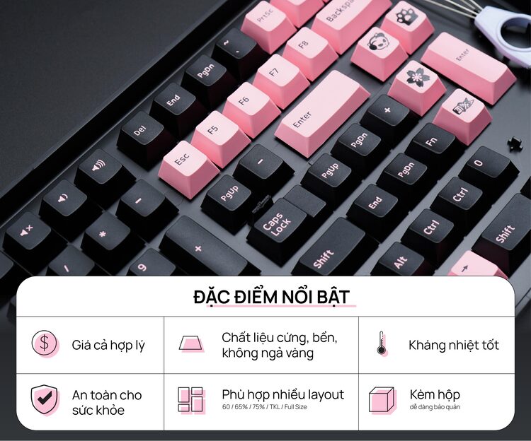 Set Keycap AKKO Black Pink Dancer (PBT Double-Shot/Cherry profile/229 nút) - Hàng Chính Hãng