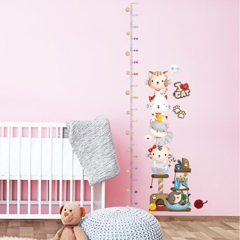 Decal dán tường thước đo mèo hoạt hình đáng yêu