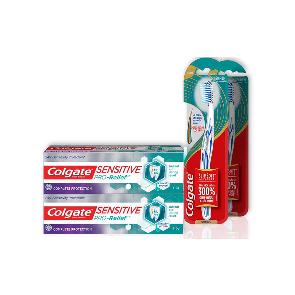 Bộ 2 kem đánh răng Colgate Sensitive giảm ê buốt &amp; bảo vệ toàn diện 110g và 2 bàn chải đánh răng Colgate SlimSoft Advanced siêu mềm mảnh (Màu ngẫu nhiên)