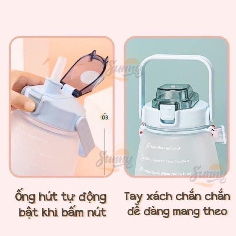 Bình nước 2 lít CHEF&amp;CHEF cute chia vạch nhắc nhở co ống hút và quai xách tiện- Hàng Chính Hãng.