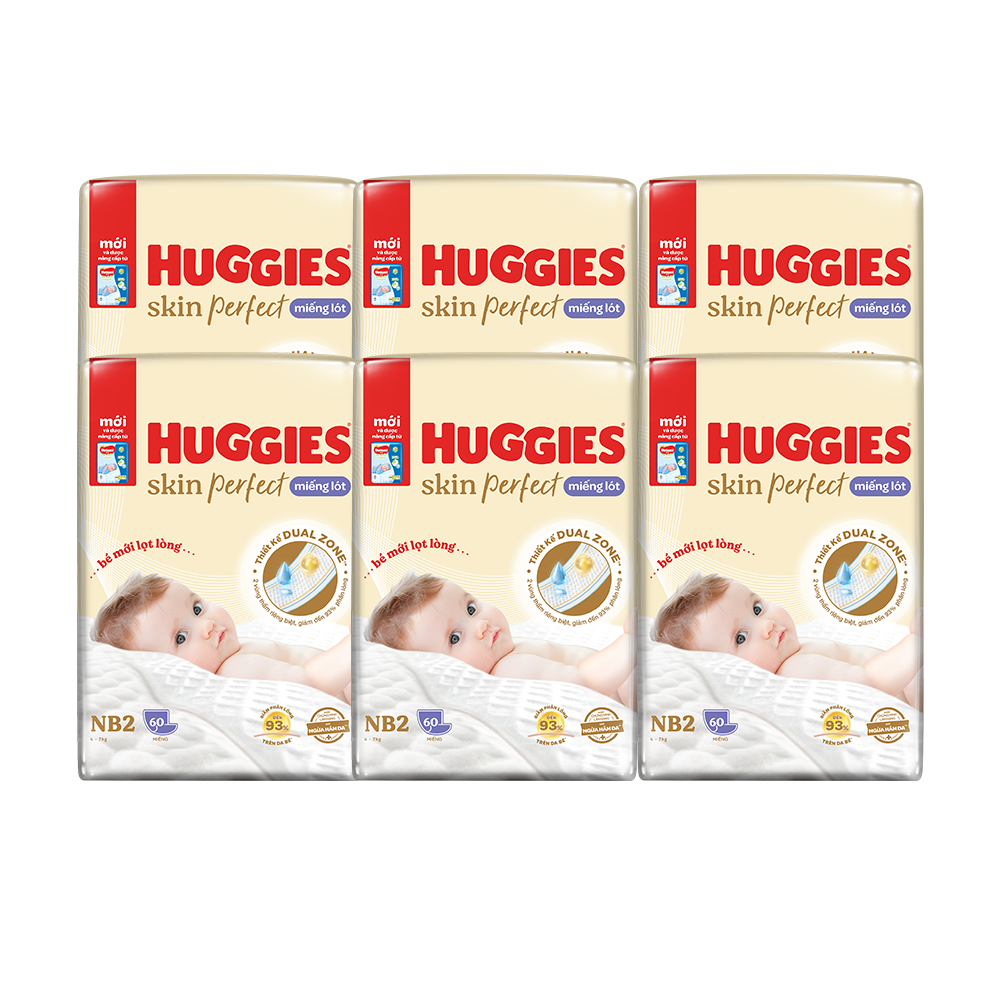 Combo 6 gói Miếng lót sơ sinh Huggies Skin Perfect NB2 60 miếng với 2 vùng thấm giảm kích ứng da