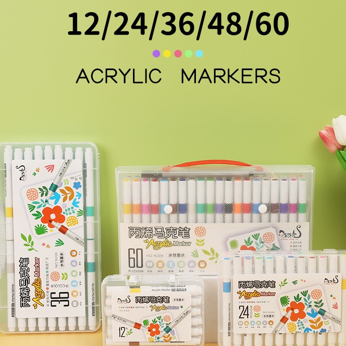 Bút Lông Màu Acrylic Marker 12/24/36/48 Màu Hàng Cao Cấp An Toàn Màu Sắc Tươi Sáng Vẽ Được Trên Nhiều Chất Liệu