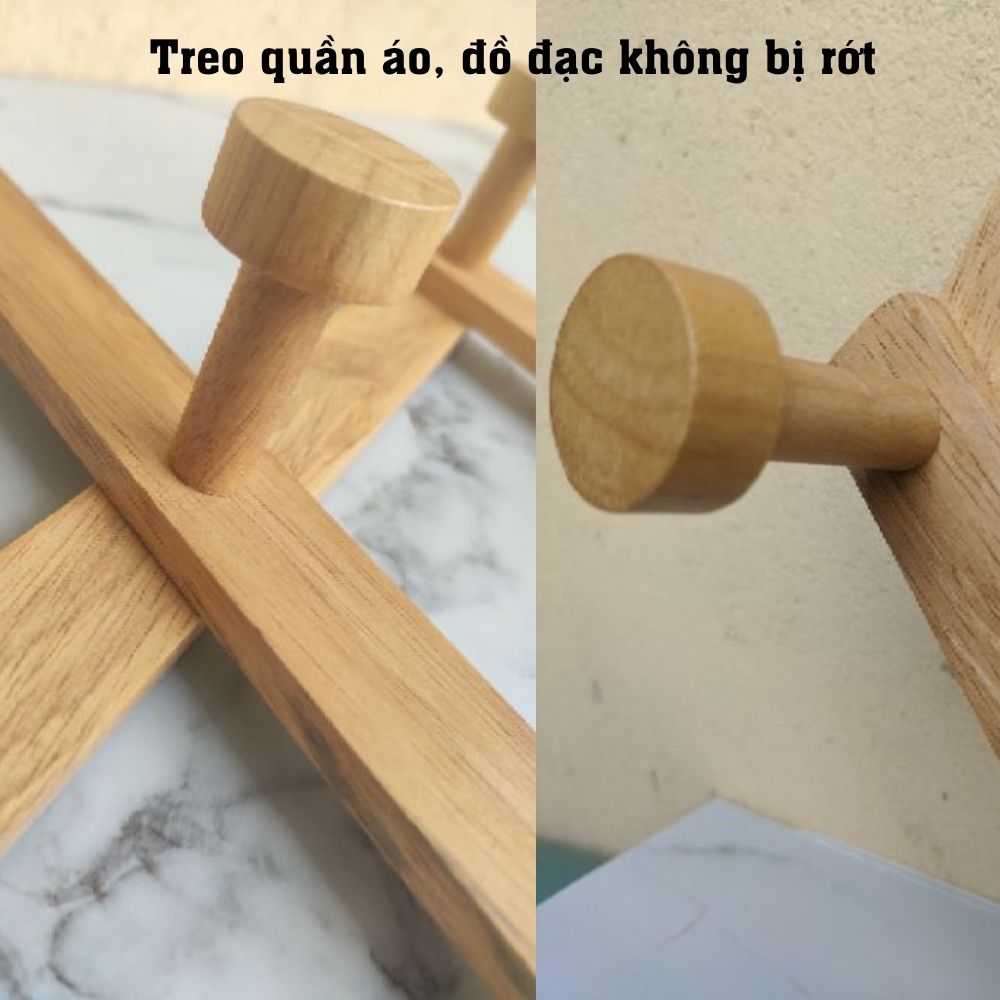 Móc treo đồ quần áo mũ nón và phụ kiện khoan hoặc dán tường đa năng bằng gỗ cao su tự nhiên dùng cho phòng ngủ và phòng khách loại đẹp có 10 chấu núm