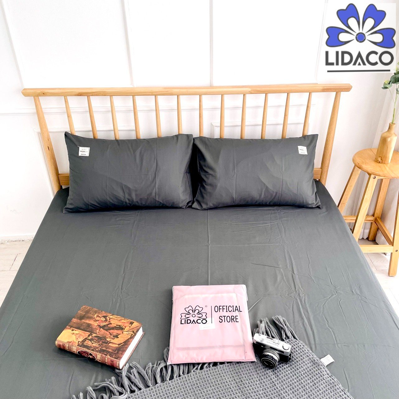 Bộ Ga Gối Cotton Đũi Tici Cao Cấp Nhiều Màu - Ghi Đậm - 1M6X2M Nệm 16 - 20Cm