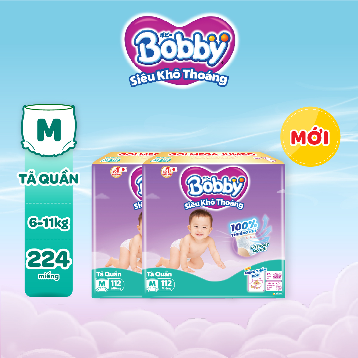 Tã quần Bobby Siêu Khô Thoáng - 100% Thoáng Khí Mega Jumbo M112