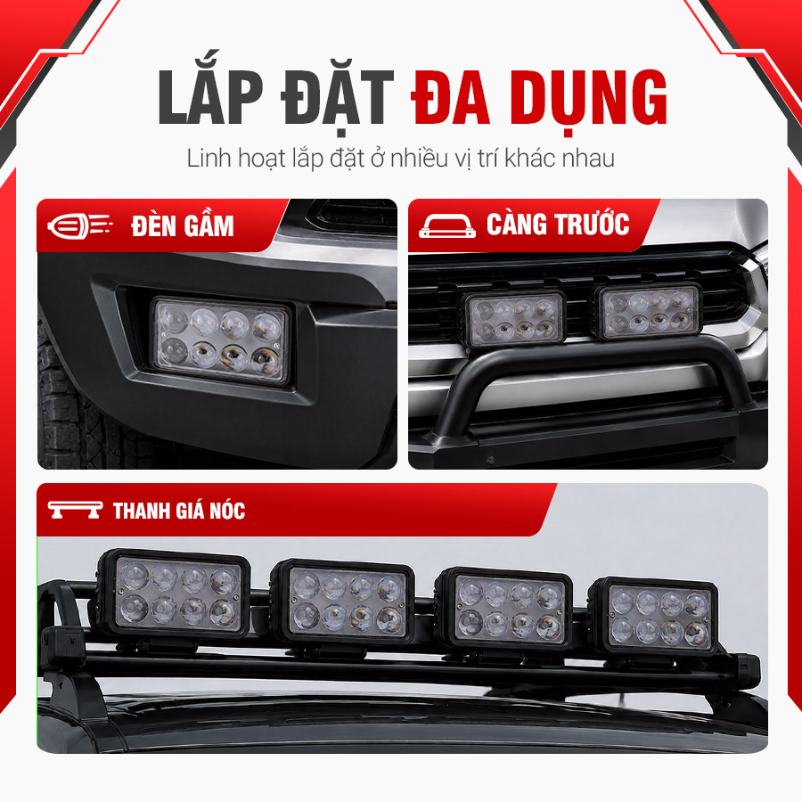 Đèn LED Trợ Sáng Bảng Chữ Nhật Viair 8 Bóng Bi Trắng 12-30V (91*152mm)
