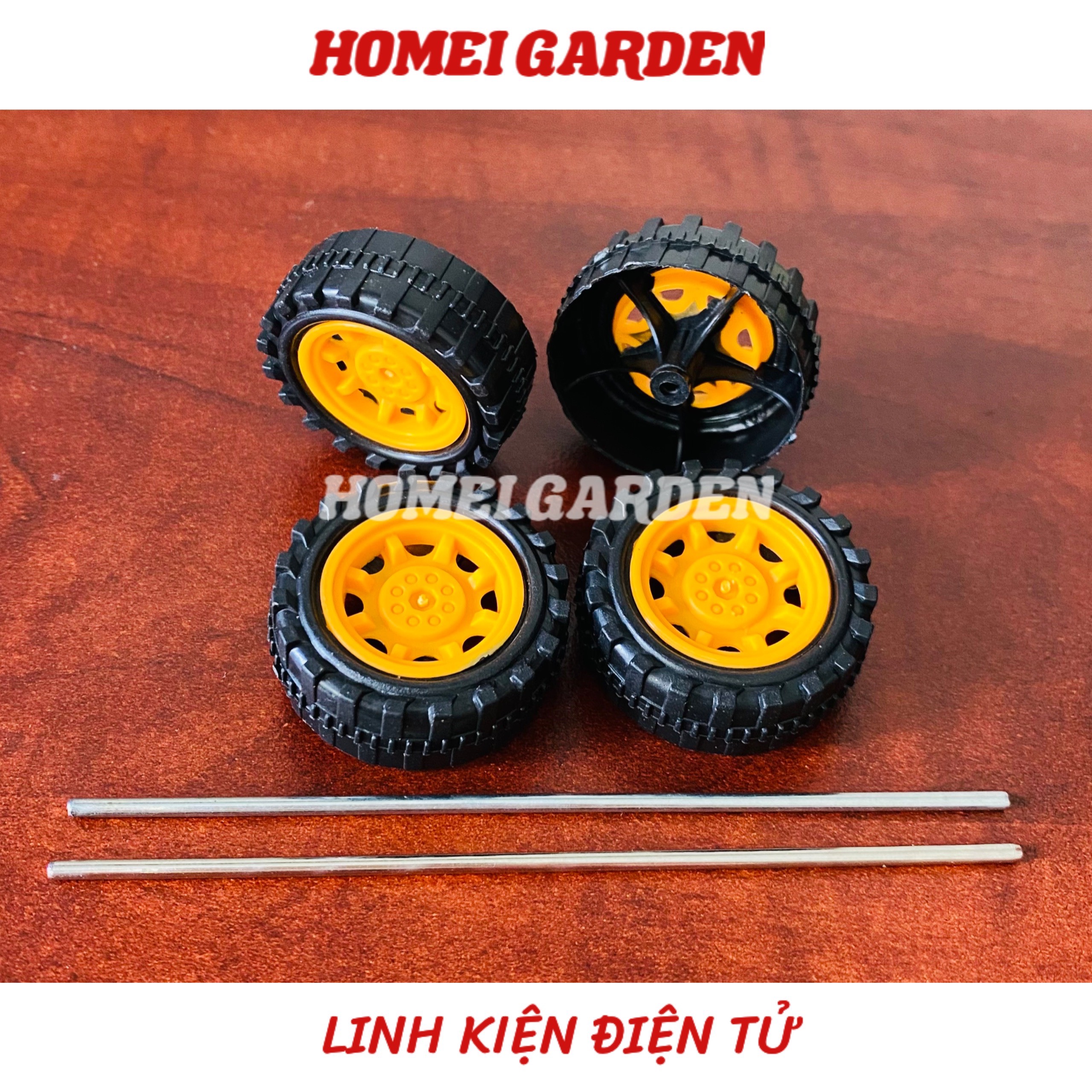 4 bánh xe nhựa mini đường kính 34mm kèm 2 trục dài 100mm DIY mô hình - HM0124