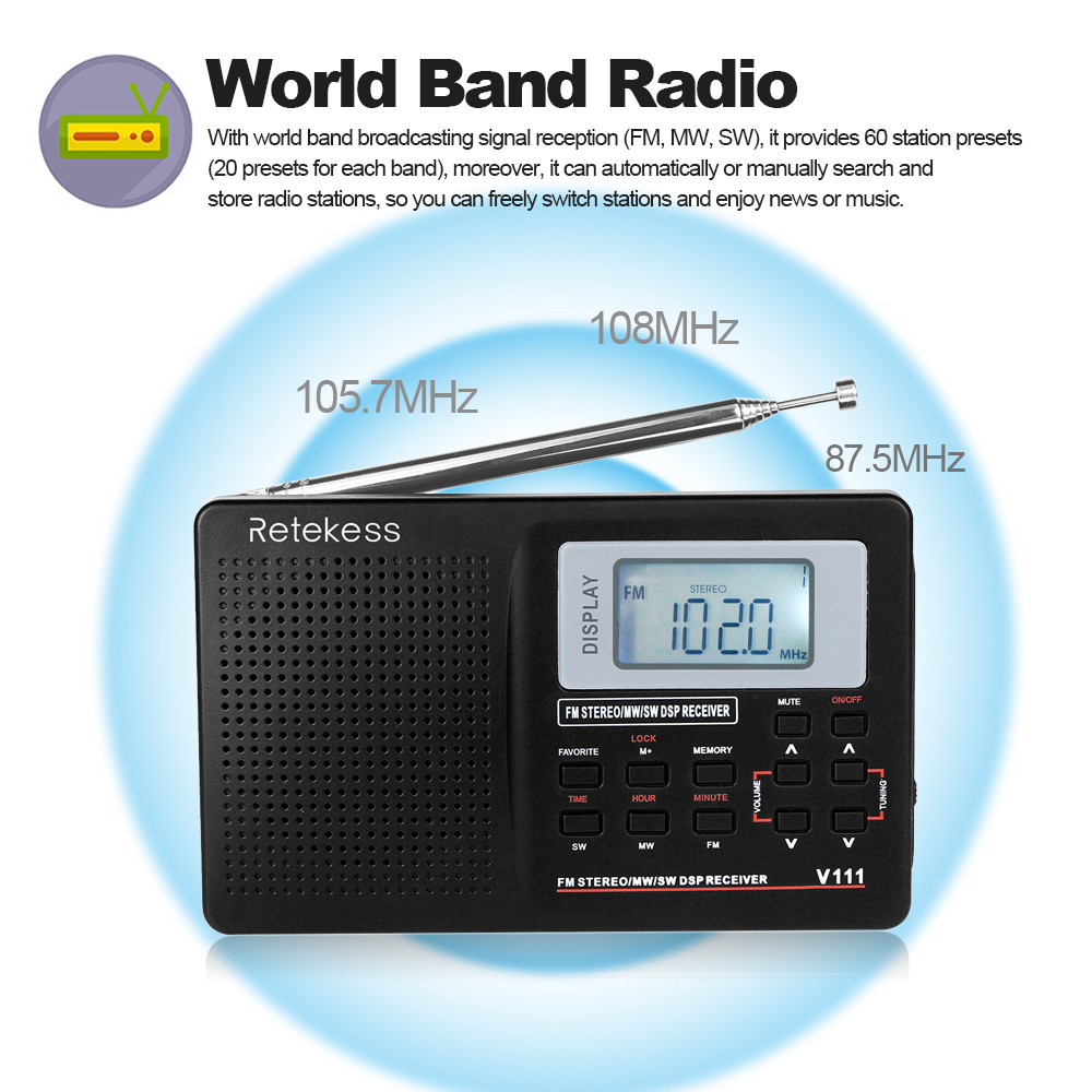 Radio kĩ thuật số Retekess MW / FM / SW Radio âm thanh nổi 9KHz Pocket World Band Điều chỉnh kỹ thuật số Radio Mini DSP
