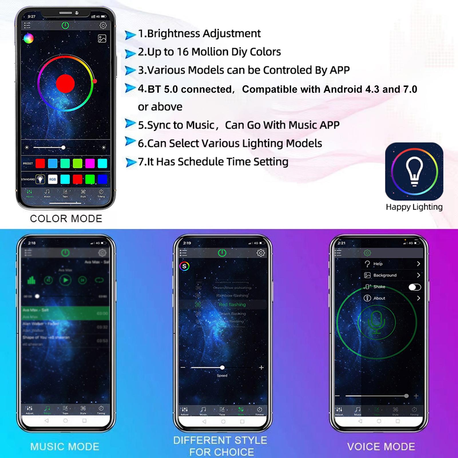 EV21 App Control Car Atmosphere Light 4 Light Bars RGB Illusion Music Rhythm Light LED Car Ambient Light