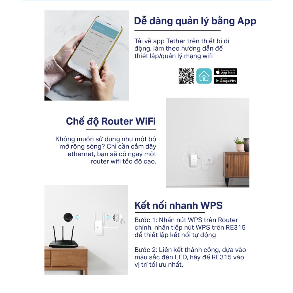 Bộ Mở Rộng Sóng Wifi Mesh TP-Link RE315 Chuẩn AC1200 - HÀNG CHÍNH HÃNG