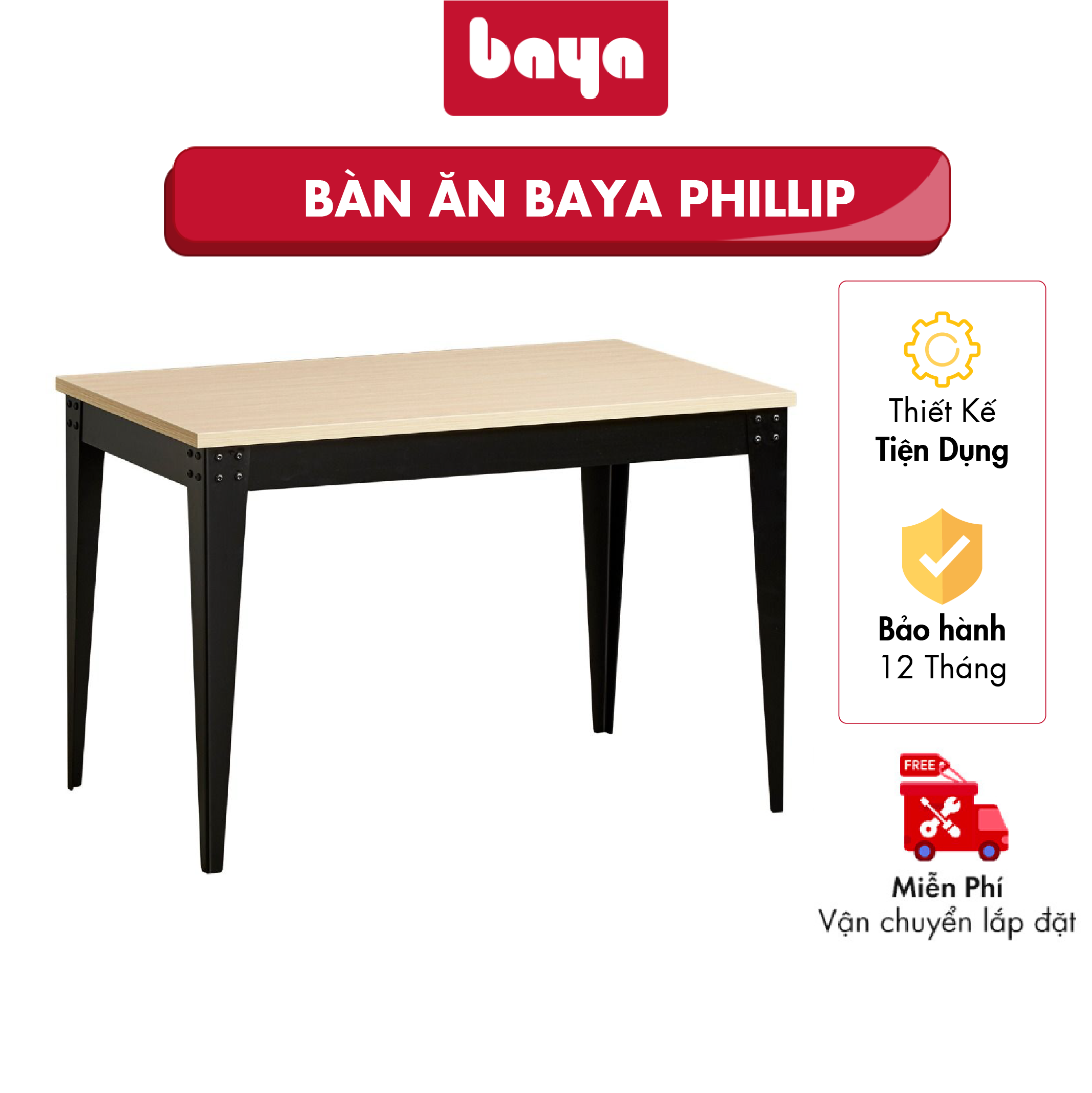 Bàn Ăn BAYA PHILLIP Thiết Kế Sang Trọng, Mặt Bàn Từ Gỗ Công Nghiệp MFC Màu Nâu Sáng Đặc Trưng Của Gỗ Mang Lại Nét Đẹp Ấm Áp, Sang Trọng