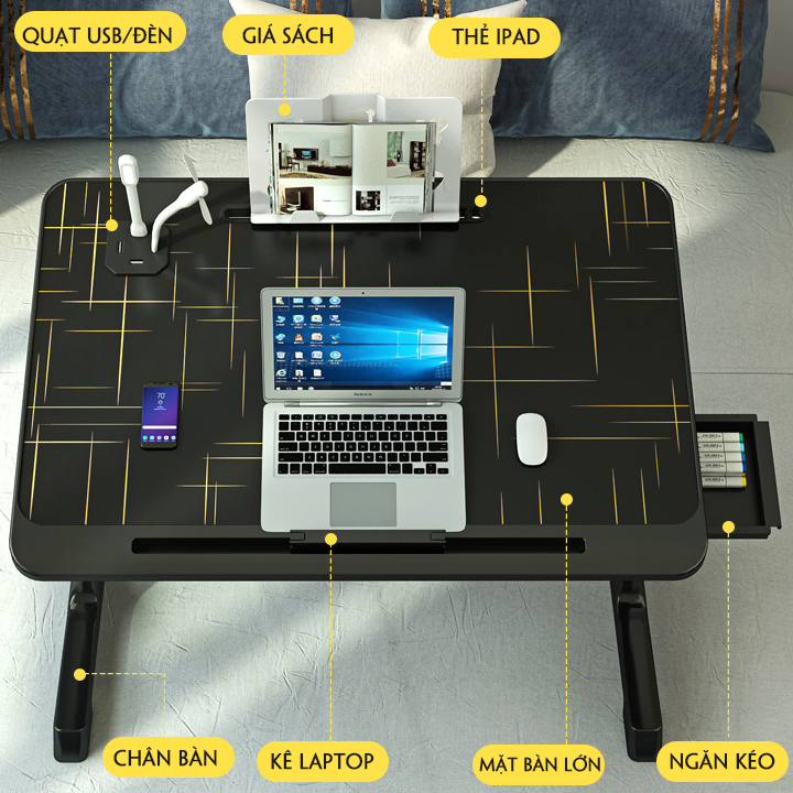 Bàn học gấp gọn thông minh ngồi giường tăng giảm chiều cao cổng USB giá đựng sách khe để ipad máy tính tiện lợi