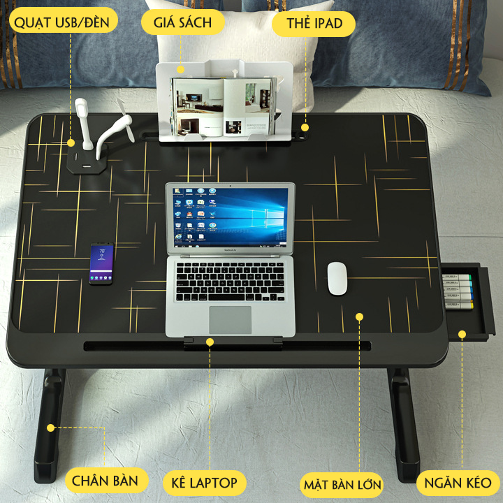 Bàn làm việc ngồi giường màu đen mẫu cao cấp, bàn gấp ngồi giường Full, ngăn kéo, USB, giá sách, khe cắm thẻ KO126