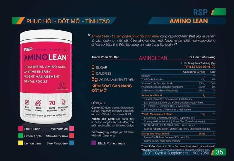 Thực phẩm bổ sung hỗ trợ tăng cơ giảm mỡ AminoLean của RSP - Năng lượng Gym bùng nổ sự tỉnh táo sự tập trung và hỗ trợ giảm mỡ thừa - chính hãng BBT