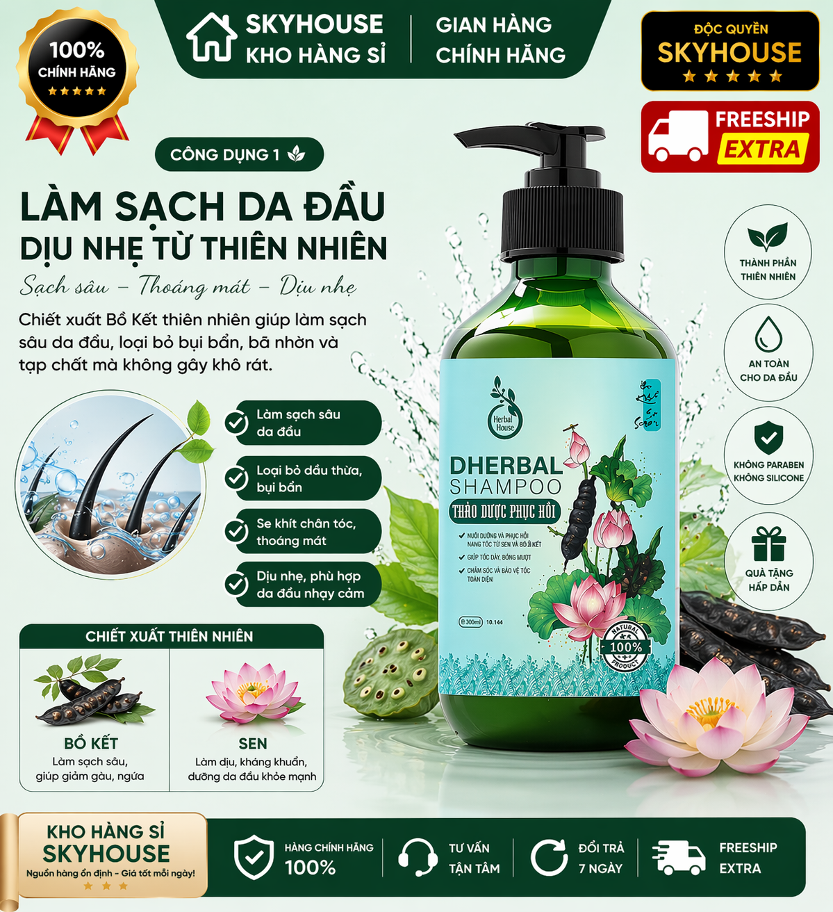 Dầu gội thảo dược thiên nhiên tinh chất sen bồ kết độc quyền DHERBAL chai 300ml dầu gội phục hồi tóc hư tổn chính hãng