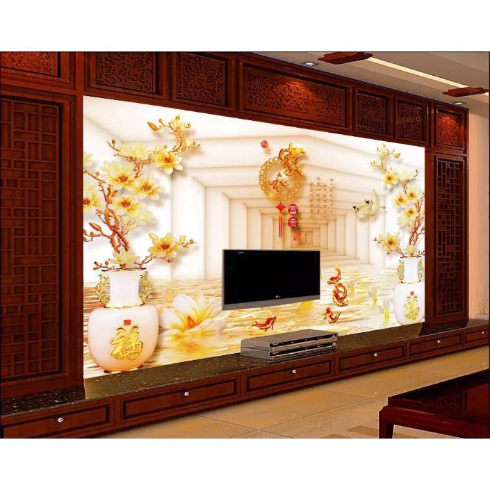 Tranh dán tường Hoa 3D - VẢI LỤA phủ kim sa