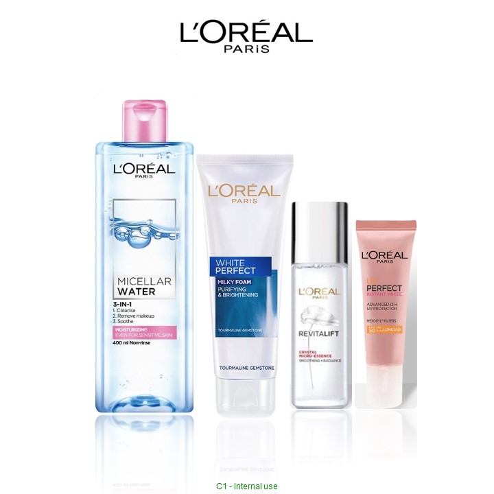 Bộ đôi làm sạch kép và chống nắng dưỡng ẩm dưỡng trắng da L'Oreal Paris chuyên sâu (MCL 400,SRM 50,ME 22,UV15)