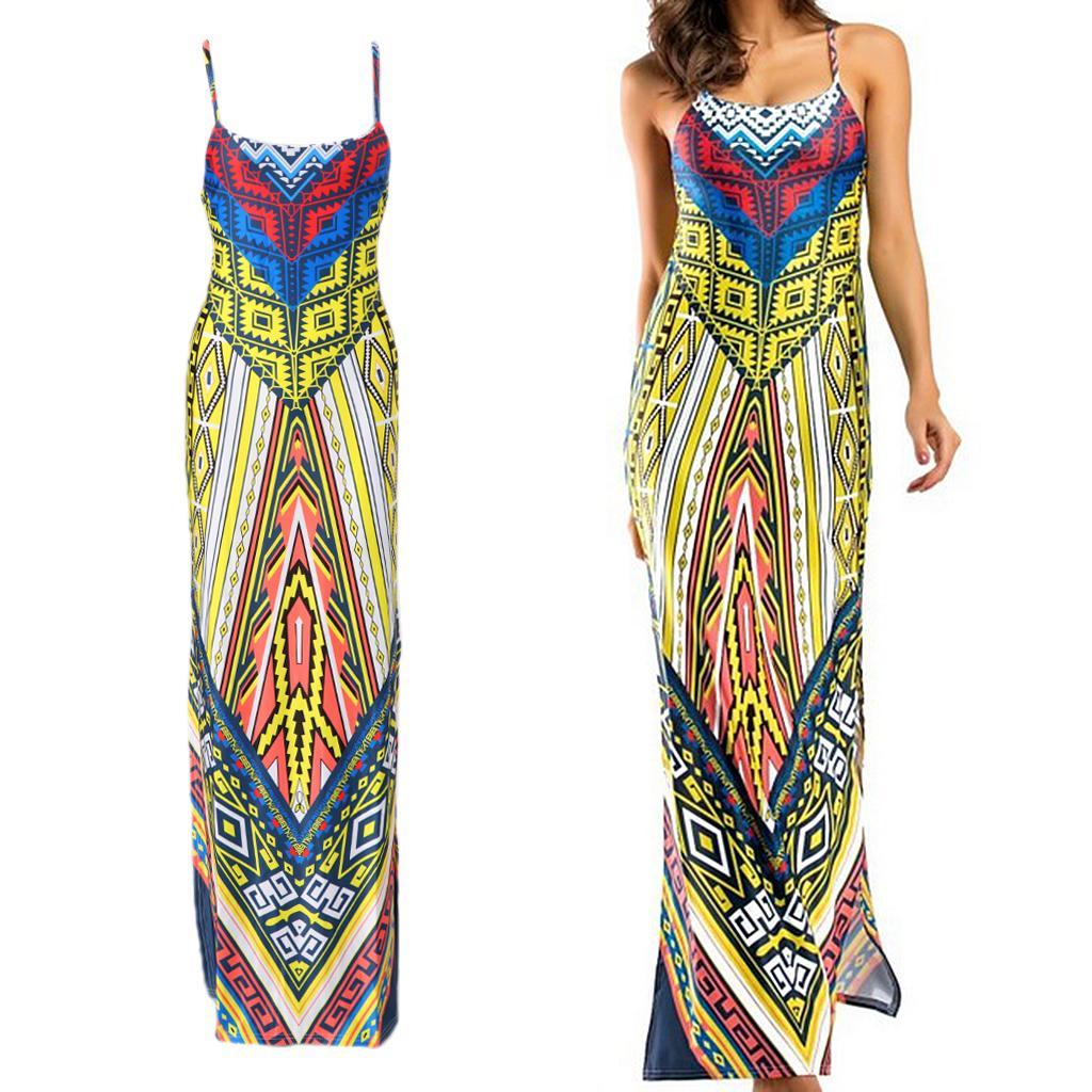 Women Boho Floral Long Dress Summer Evening Party Beach Slit Spilt Sundress - L