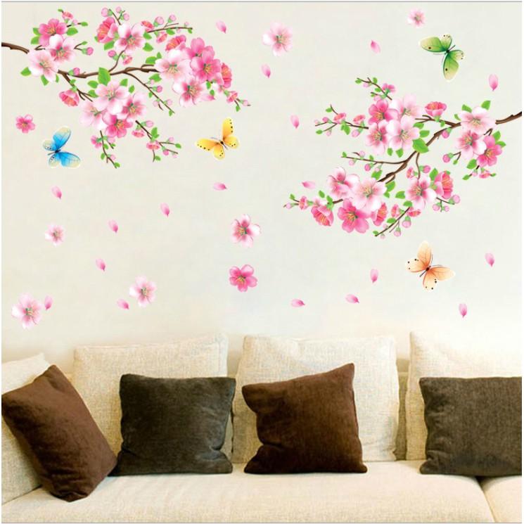 Decal dán tường trang trí - HOA ANH ĐÀO CÙNG BƯỚM BAY LƯỢN