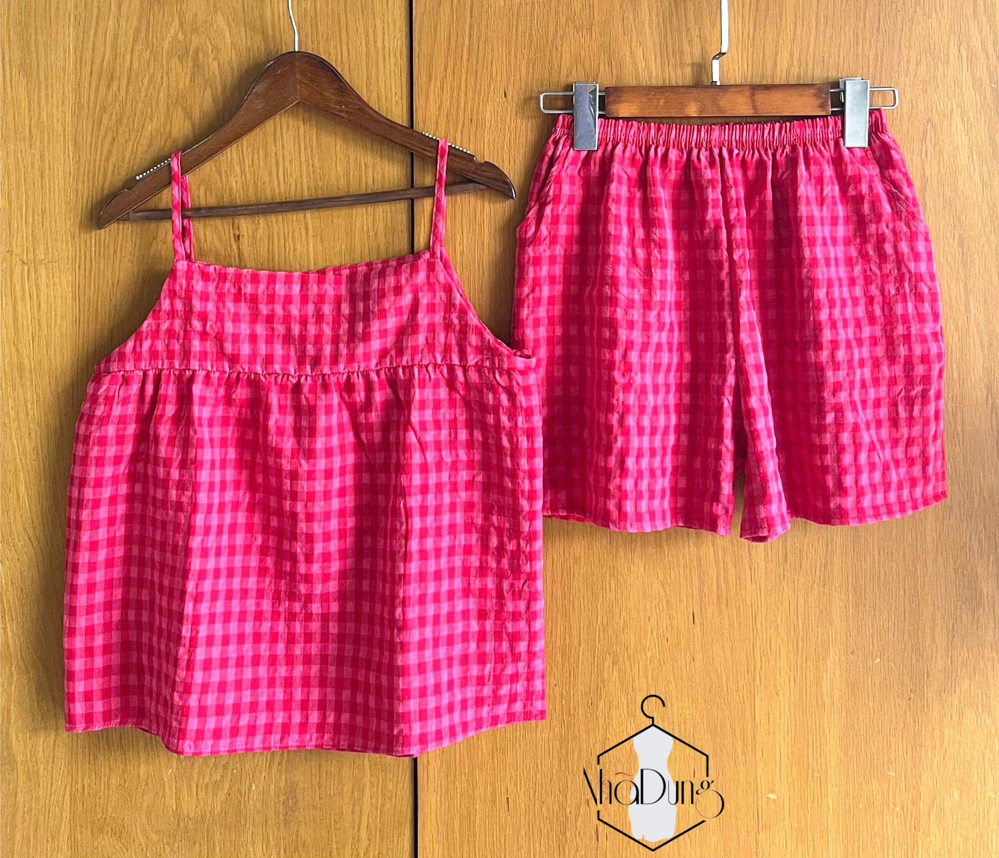Bộ 2 dây mặc nhà kẻ caro chất đũi xốp thô Thái mềm mại,nhẹ nhàng,thoáng mát có túi Nhã Dung Store