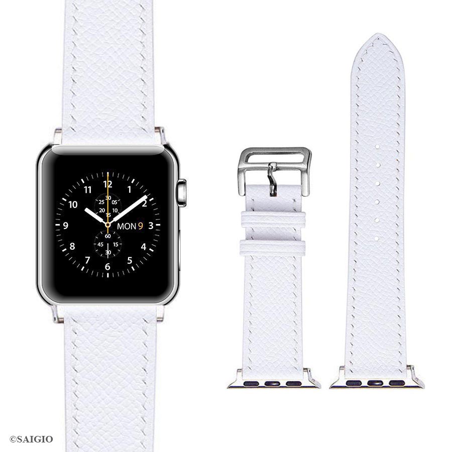 Dây Đồng Hồ Apple Watch 41mm 40mm 38mm, Chất Liệu Da Bê EPSOM Thảo Mộc Cao Cấp, Nhập Khẩu Từ Châu Âu, Dây Đeo Phong Cách Hiện Đại và Sang Trọng, Tương Thích Các Phiên Bản Series 8/7/6/5/4/3/2/1/SE/SE2 - Trắng - ADAPTER ĐEN