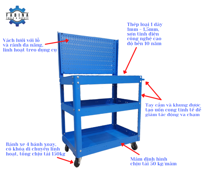 Xe đẩy 3 ngăn vách lưới 72cm xanh dương