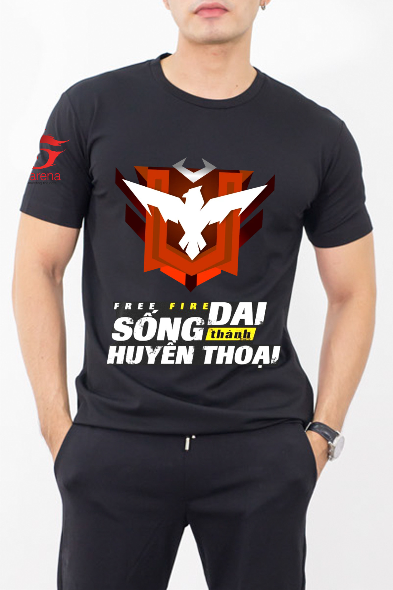 Áo thun nam in hình Free Fire cotton màu đen Rank huyền thoại