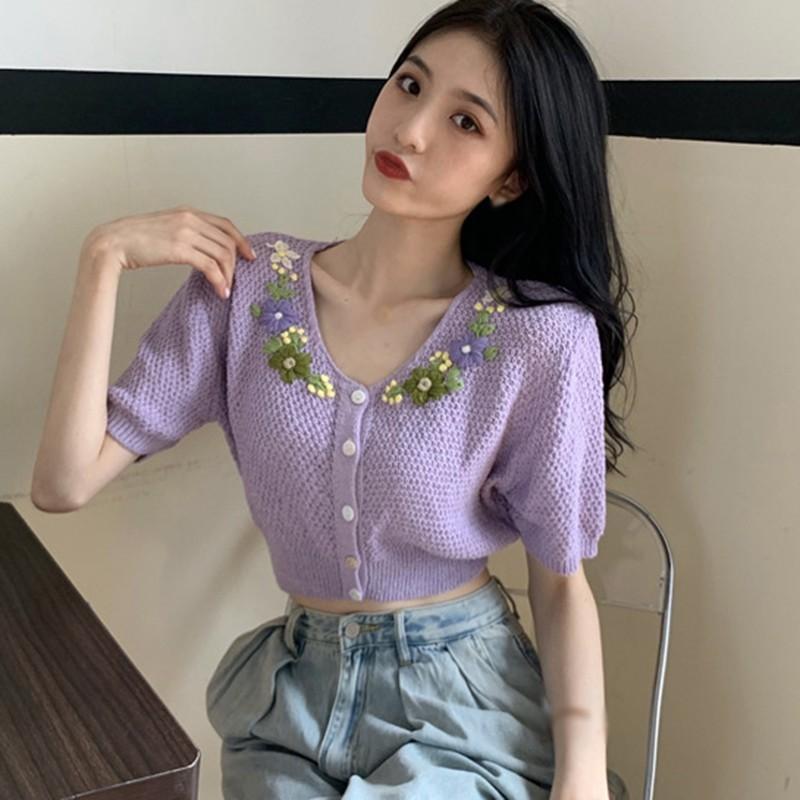 Áo Cardigan Dệt Kim Tay Ngắn Cổ Chữ V Hoạ Tiết Hoa Thêu Phong Cách Retro Cho Nữ