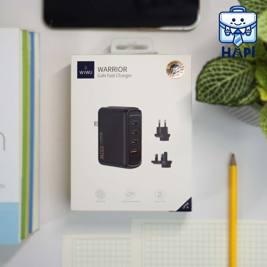 Củ sạc hàng chính hãng WiWU Warrior GaN 100W (3C1A) Wi-U022W: Sạc nhanh laptop, điện thoại, kèm đầu chuyển đa quốc gia