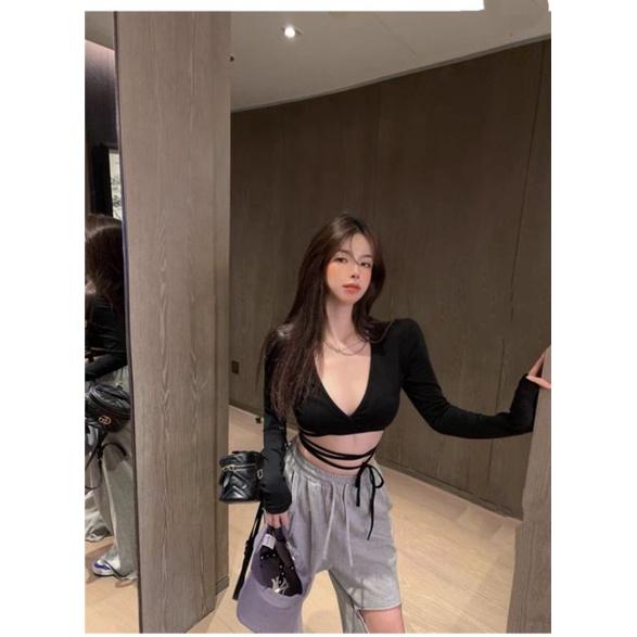 ÁO CROPTOP TAY DÀI DÂY ĐAN CHÉO